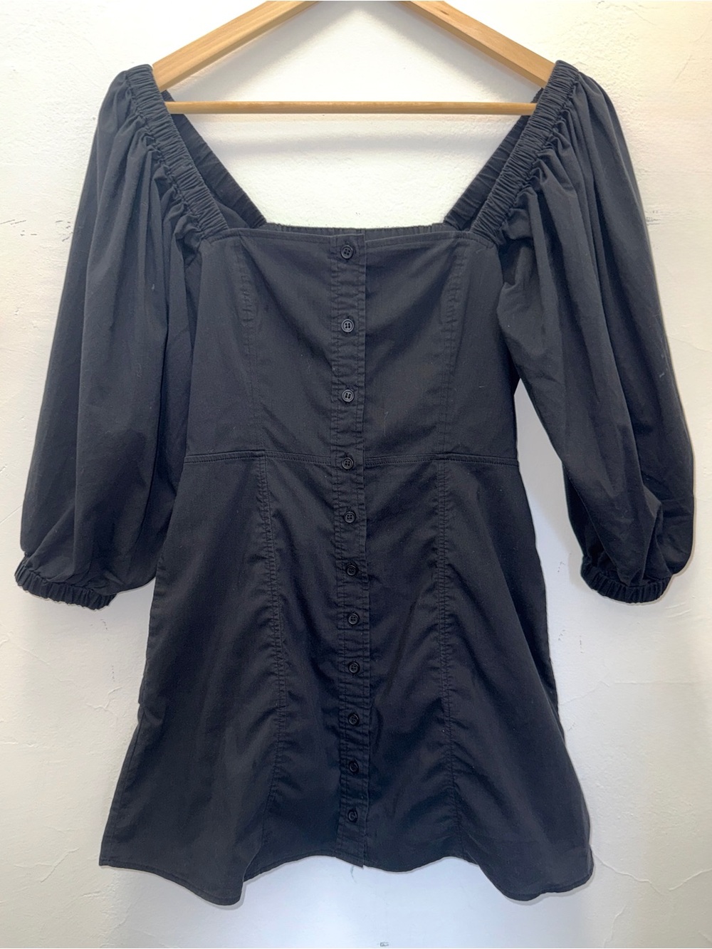 DANIELLE BERNSTEIN Square-Neck Button-Front Puff Sleeve Dress | Black | Size 4